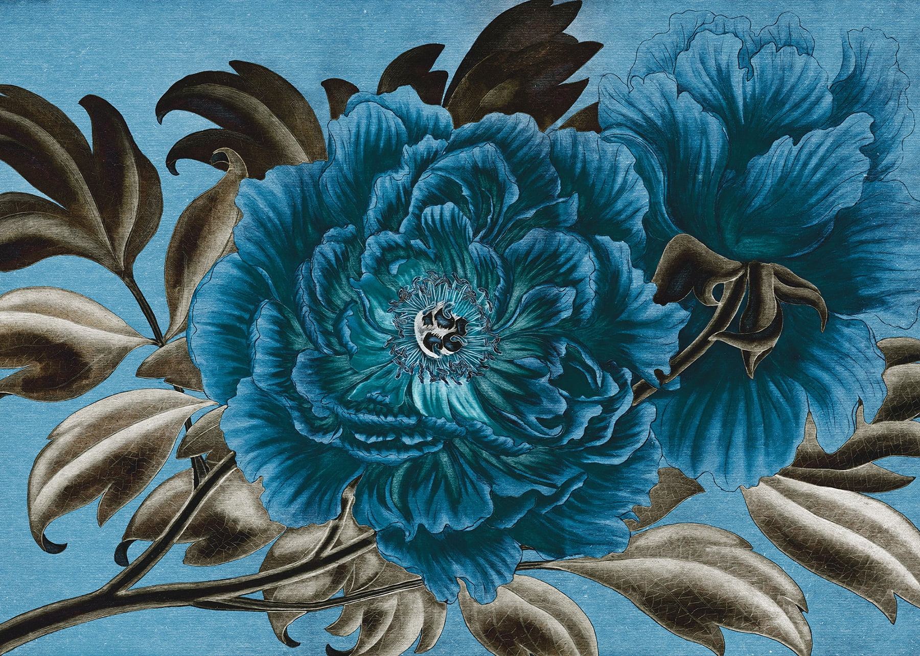 Royal Blue Peony Wall Mural with Moss Green Leaves