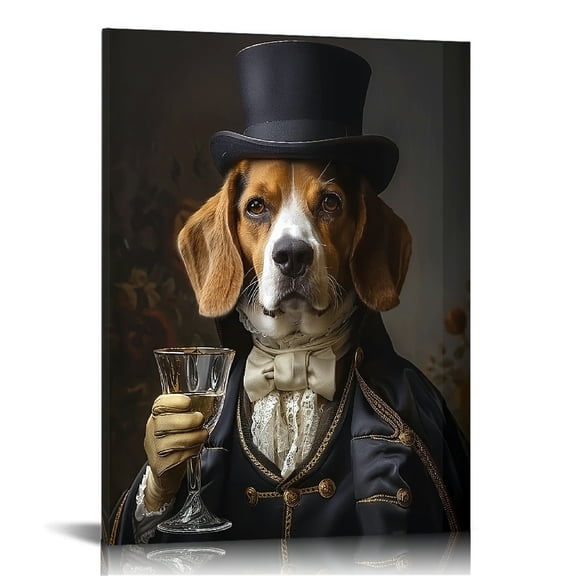 Royal Pet Portrait, Framed Canvas Wall Art, Funny Beagle with Top Hat, Home Bedroom Kitchen Living Room Bathroom Decor, Office Cafe Hotel Room Art Poster