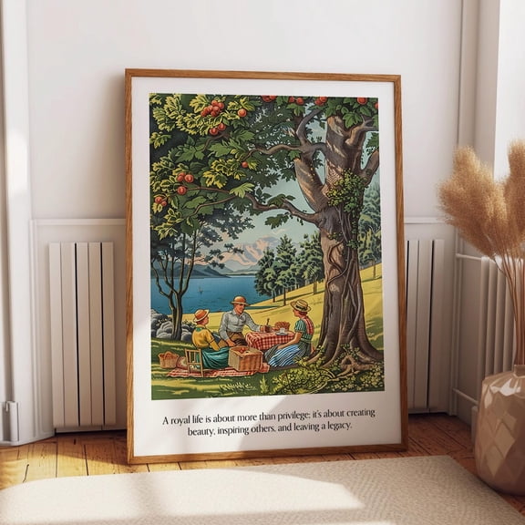 Royal Picnic Scene Print – Retro Lakeside Gathering Wall Art – Orchard And Lake Orchard Art Poster Wall Art, Modern Wall Decor, 8x12 UNFRAMED