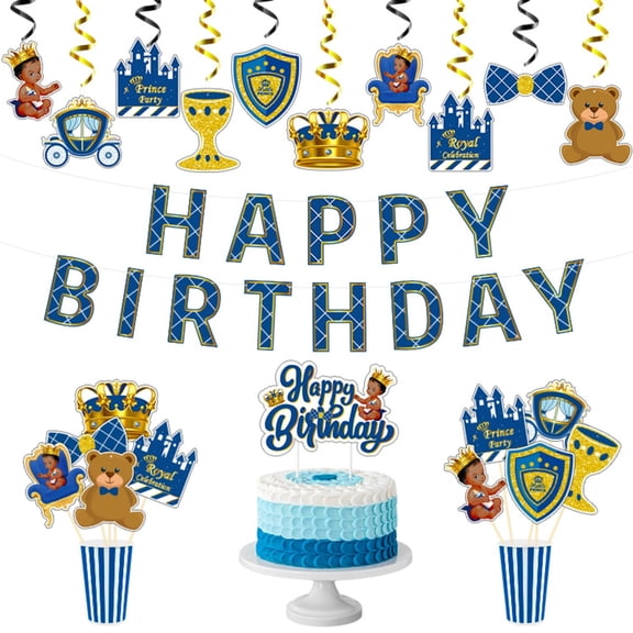 MALLMALL6 Royal Prince Birthday Party Decoration Includes Cake Topper,Pull Flag,Hanging Cards,42 Counts