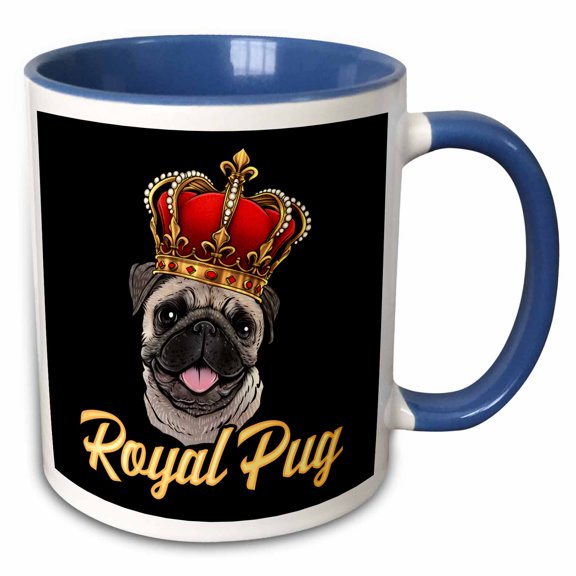 3drose, Royal Pug Dog with Funny Crown with Black Background, 11oz Two-tone Blue Mug