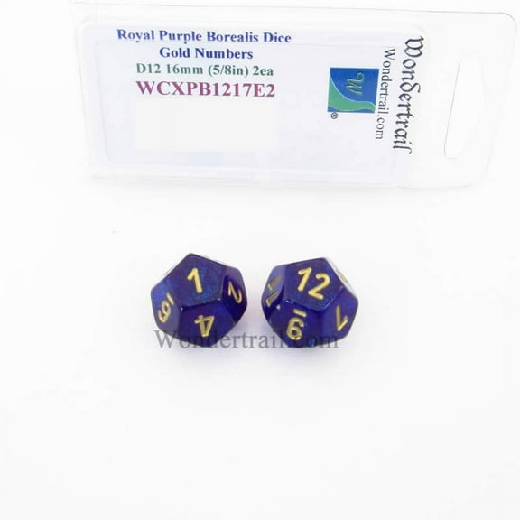 Royal Purple Borealis Dice with Gold Numbers D12 Aprox 16mm (5/8in) Pack of 2 Wondertrail