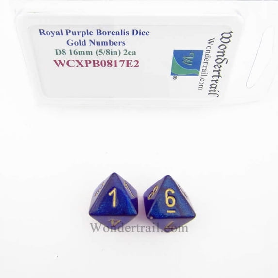 Royal Purple Borealis Dice with Gold Numbers D8 Aprox 16mm (5/8in) Pack of 2 Wondertrail
