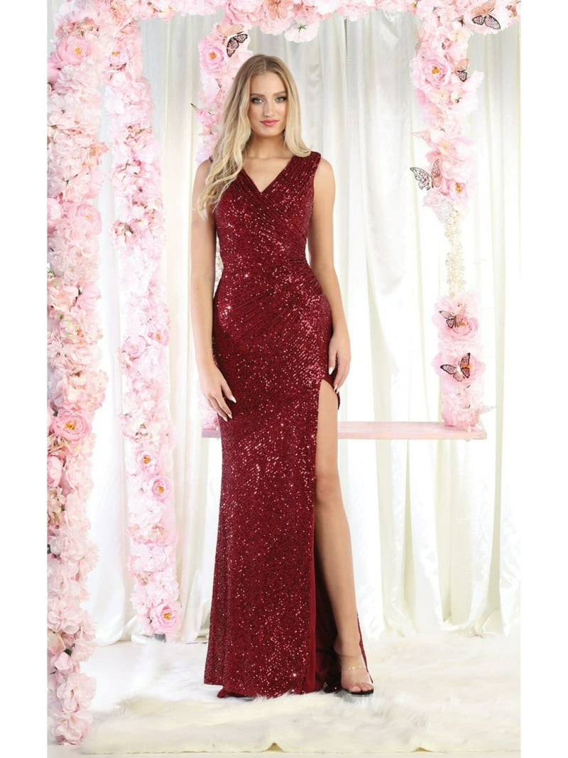 Royal Queen MQ1874 V-Neck Ruched Sequin Bodycon Evening Gown Burgundy 20 -  Walmart.com