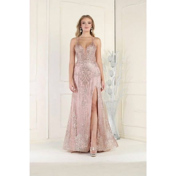Royal Queen RQ7952 Juniors Womens High Slit Glitter Embellished Red Carpet Gown