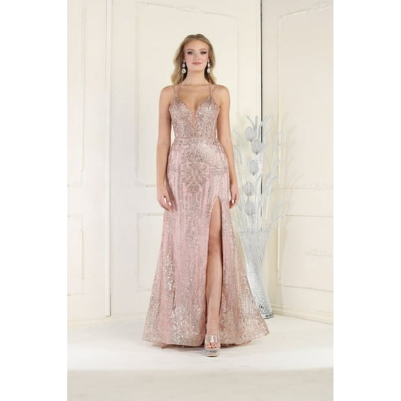 Royal Queen RQ7952 Juniors Womens High Slit Glitter Embellished Red Carpet Gown