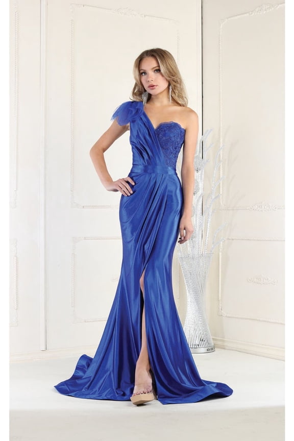 RQ7962 Juniors Womens One Shoulder Pleated Satin Prom Evening Gown