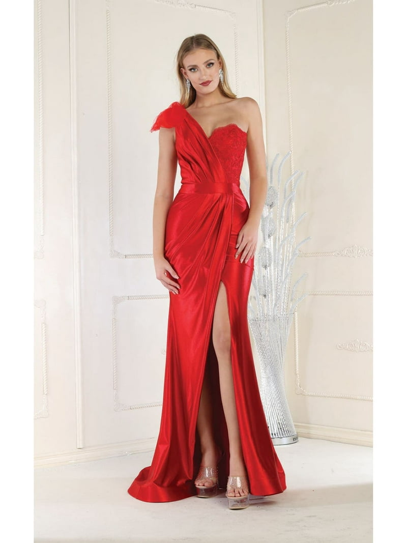 pleated satin prom dress A-line Off-the-Shoulder Short Sleeve Sweep Train Satin Prom Dress with Pleated Split S7849P - Prom Dresses
