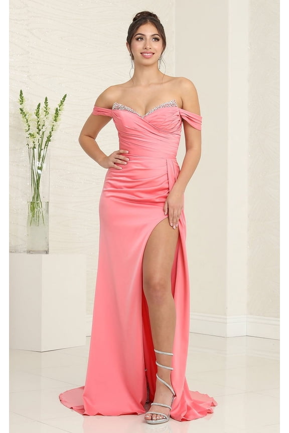 Royal Queen RQ7971 Juniors Womens Satin Off Shoulder Prom Gown
