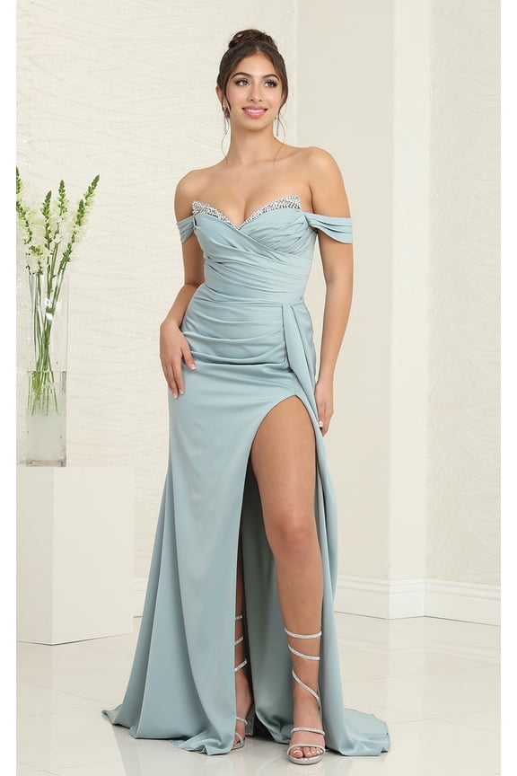 Royal Queen RQ7971 Juniors Womens Satin Off Shoulder Prom Gown