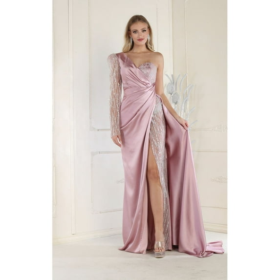 Royal Queen RQ7980 Juniors Womens Embellished One Shoulder Satin Formal Dress