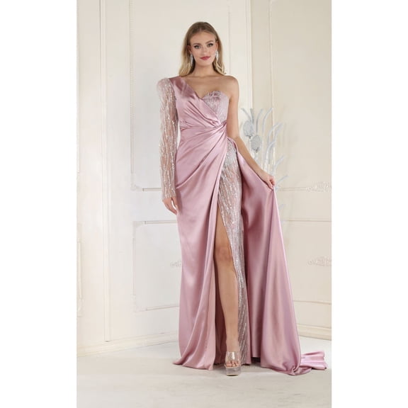 Royal Queen RQ7980 Juniors Womens Embellished One Shoulder Satin Formal Dress