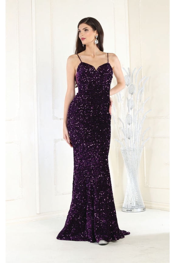 Royal Queen RQ7987 Juniors Womens Spaghetti Straps Sequins Long Formal Evening Gown