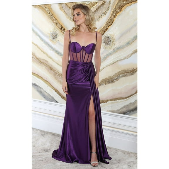 Women's May Queen MQ2052 Spaghetti Straps Sheer Bodice High Slit Prom 2026 Dress Purple 4