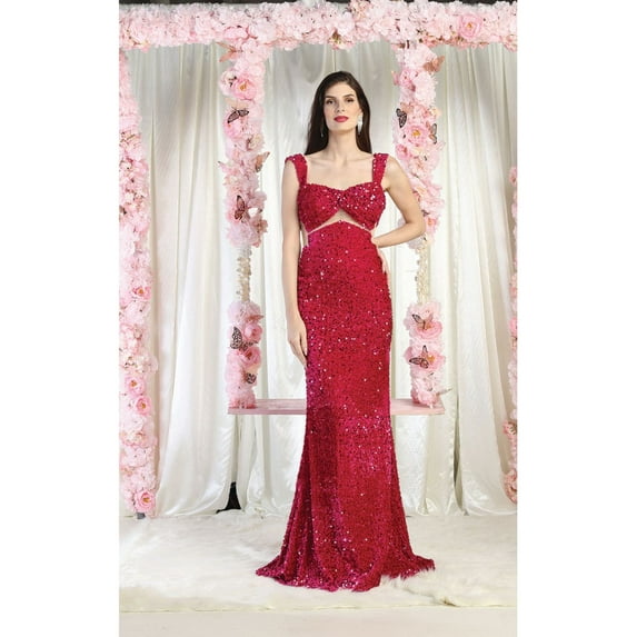Royal Queen RQ8004 Juniors Womens Sequin Velvet Cut Out Sweep Train Evening Dress