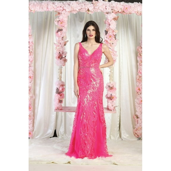 Royal Queen RQ8011 Juniors Womens Wide Strap Beaded V-Neck Formal Prom Dress