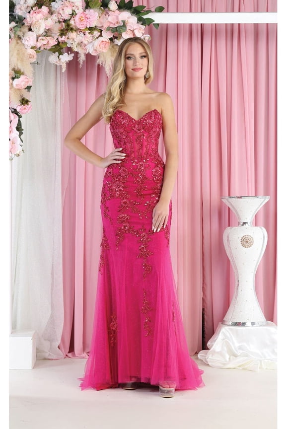 RQ8013 Juniors Womens Strapless Embellished Boned Corset Prom Dress