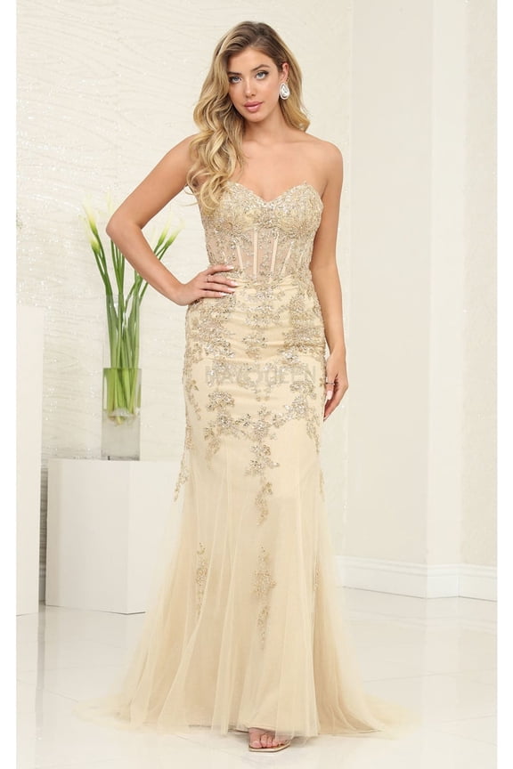 Royal Queen RQ8013 Juniors Womens Strapless Embellished Boned Corset Prom Dress