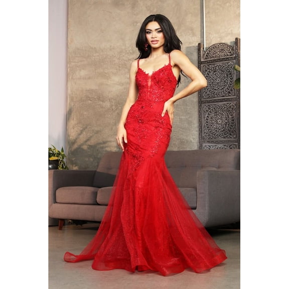 Royal Queen RQ8039 Juniors Womens Fitted Embellished Lace Red Carpet Long Gown