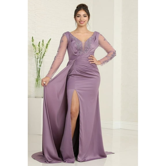 Women's Royal Blue Queen RQ8045 Plunging V-Neck High Slit Satin Long MOB Gown Victorian Lilac Lavender 10