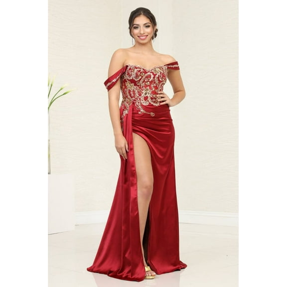 Royal Queen RQ8055 Juniors Womens Sweetheart High Slit Satin Red Carpet Dress