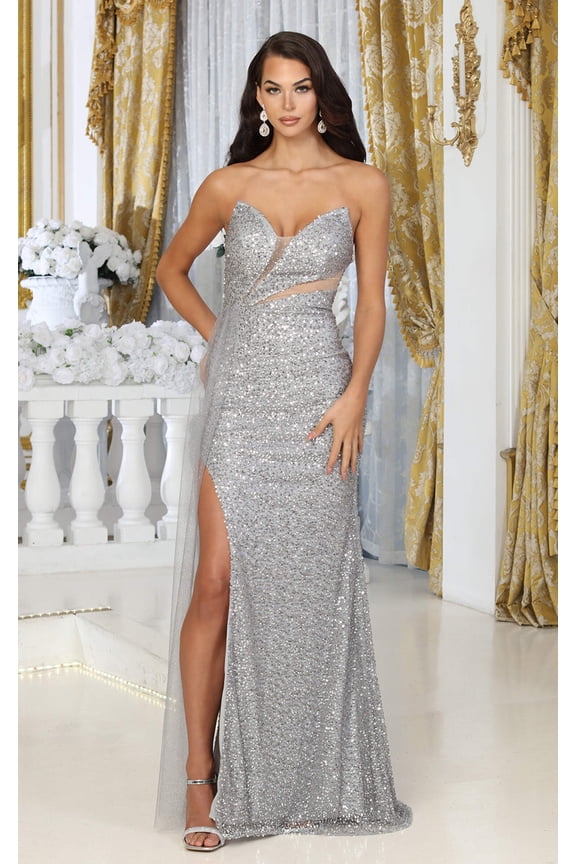 Royal Queen RQ8068 Juniors Womens Sequin Side Slit Long Formal Gown