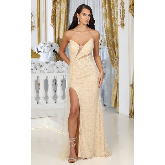 Royal Queen RQ8068 Juniors Womens Sequin Side Slit Long Formal Gown