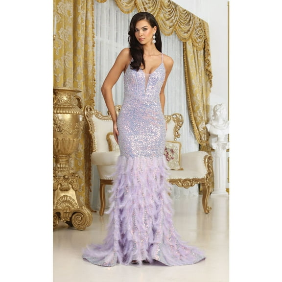 Royal Queen RQ8076 Juniors Womens Spaghetti Strap Feather Sequin Prom Dress