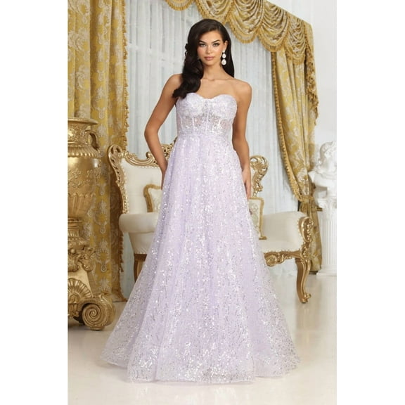 Women's Royal Blue Queen RQ8077 Embellished Corset Prom 2026 Sheer Sequin Gown Lilac Lavender 12