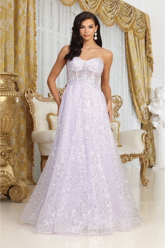 Women's Royal Blue Queen RQ8077 Embellished Corset Prom 2026 Sheer Sequin Gown Lilac Lavender 16
