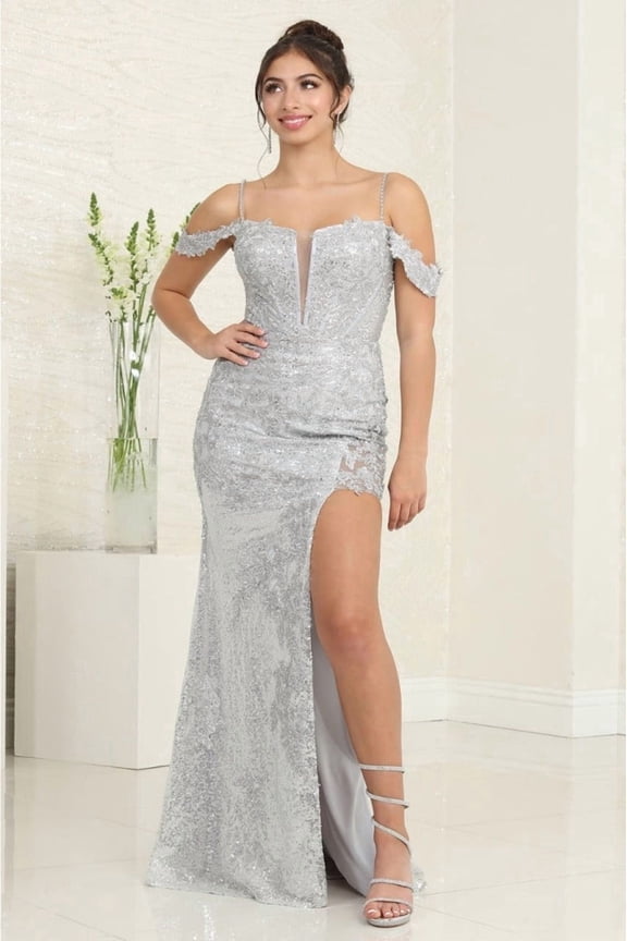 RQ8084 Juniors Womens Corset Sheer Slit Sequin Long Evening Gown