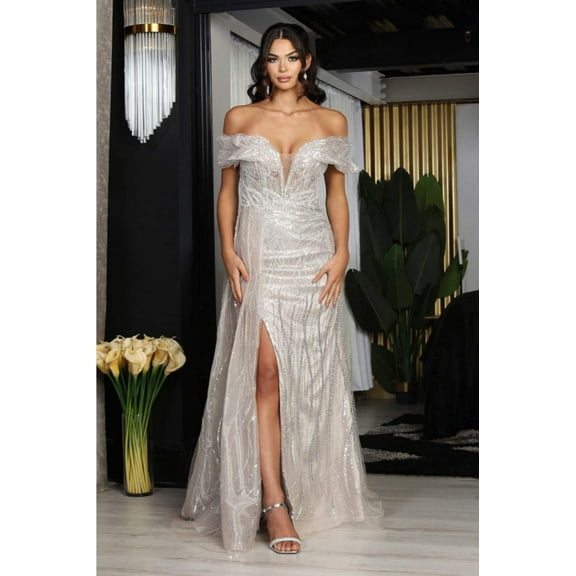 Royal Queen RQ8100 Juniors Womens Champ/ Silver V-Neck Sheer Bodice Pageant Gown