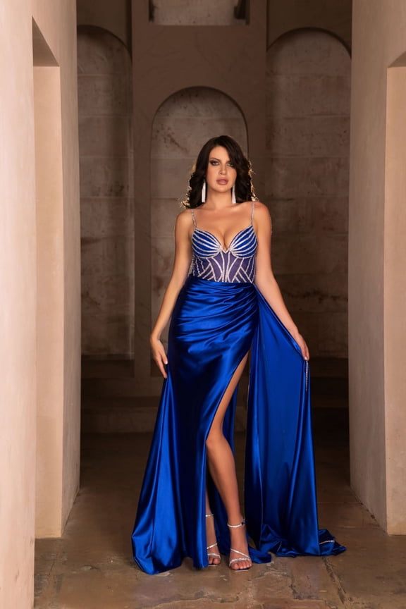 Women's May Queen Long Formal Gown High Slit V-Neck Sheath Dress MQ2113 Royal Blueblue 18