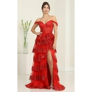 Royal Queen RQ8115 Juniors Womens Corset Ruffle Side Slit Evening Gown