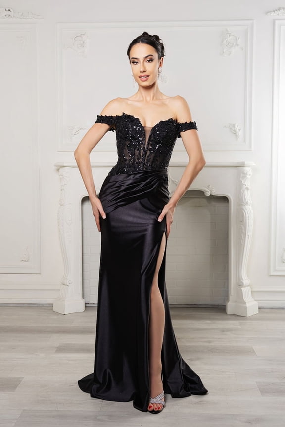 Women's May Queen Long Formal Dress Off The Shoulder High Slit Gown MQ2157 Black 14