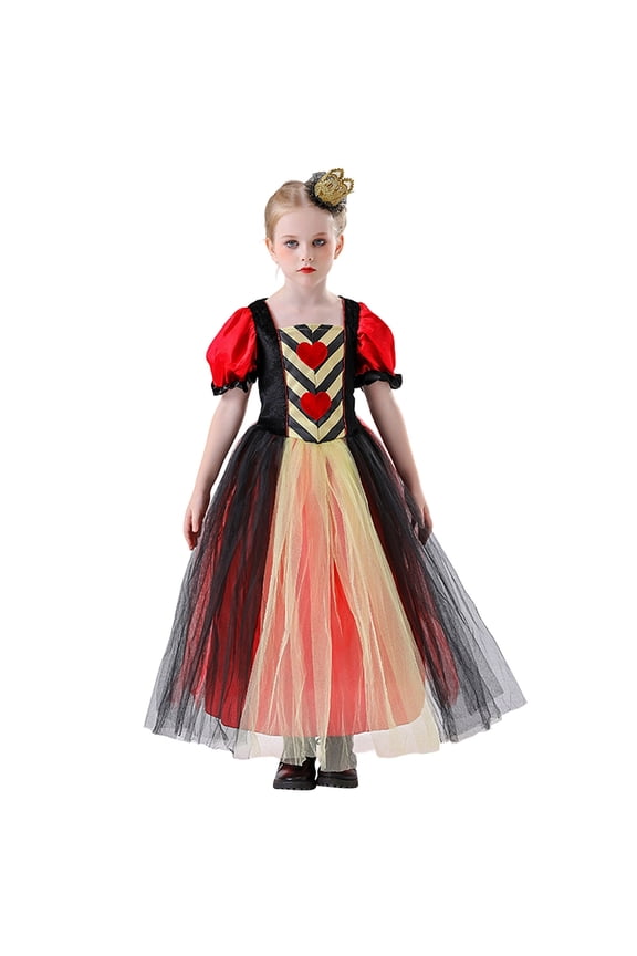 Royal Queen of Hearts Gown Fancy Dress with Crown Headband for Theme Parties, Halloween Cosplay Events and Stage Performances