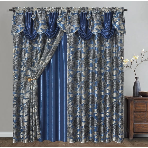 Royal ROSARIUM. Clipped Voile.Farmhouse Jacquard Window Curtain with Attached Fancy Valance and Taffeta Backing. 2pcs Set.Each pc 54 inch Wide x 84 inch Drop + 18 inch (Nightsky Blue)