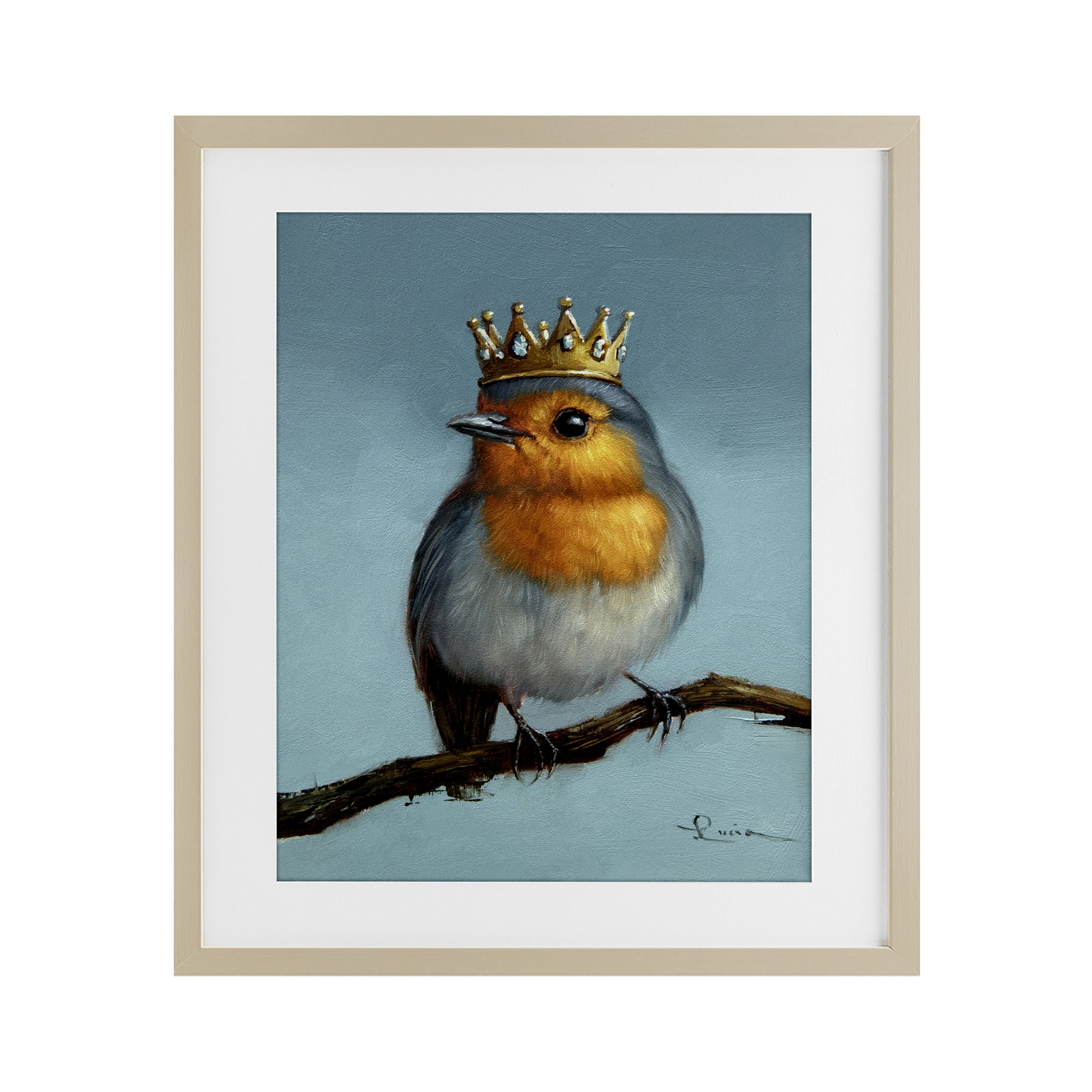 Royal Robin Perched Birch Framed Print Under Glass, design by Lucia Heffernan