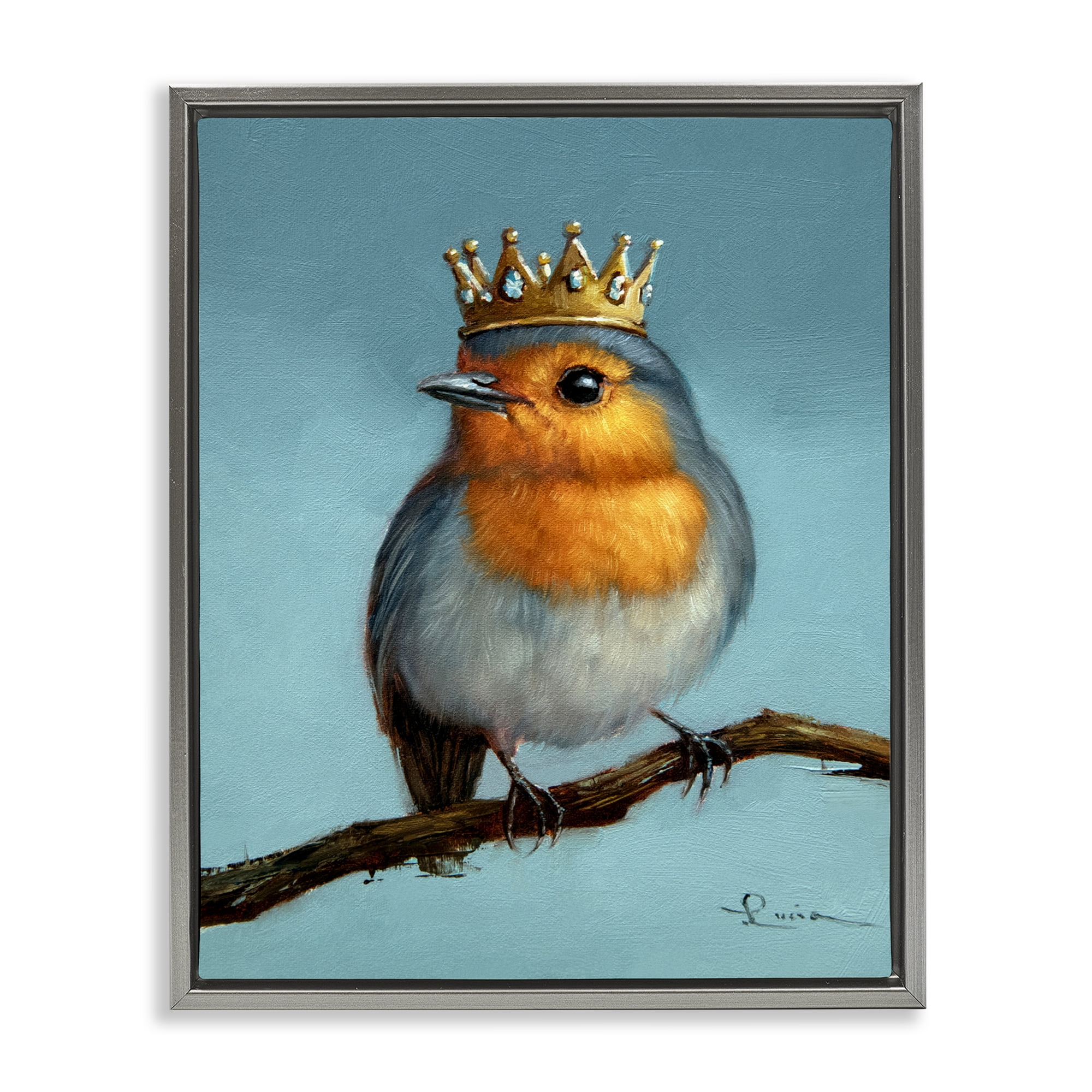 Royal Robin Perched Gray Framed Floater Canvas Wall Art, design by Lucia Heffernan