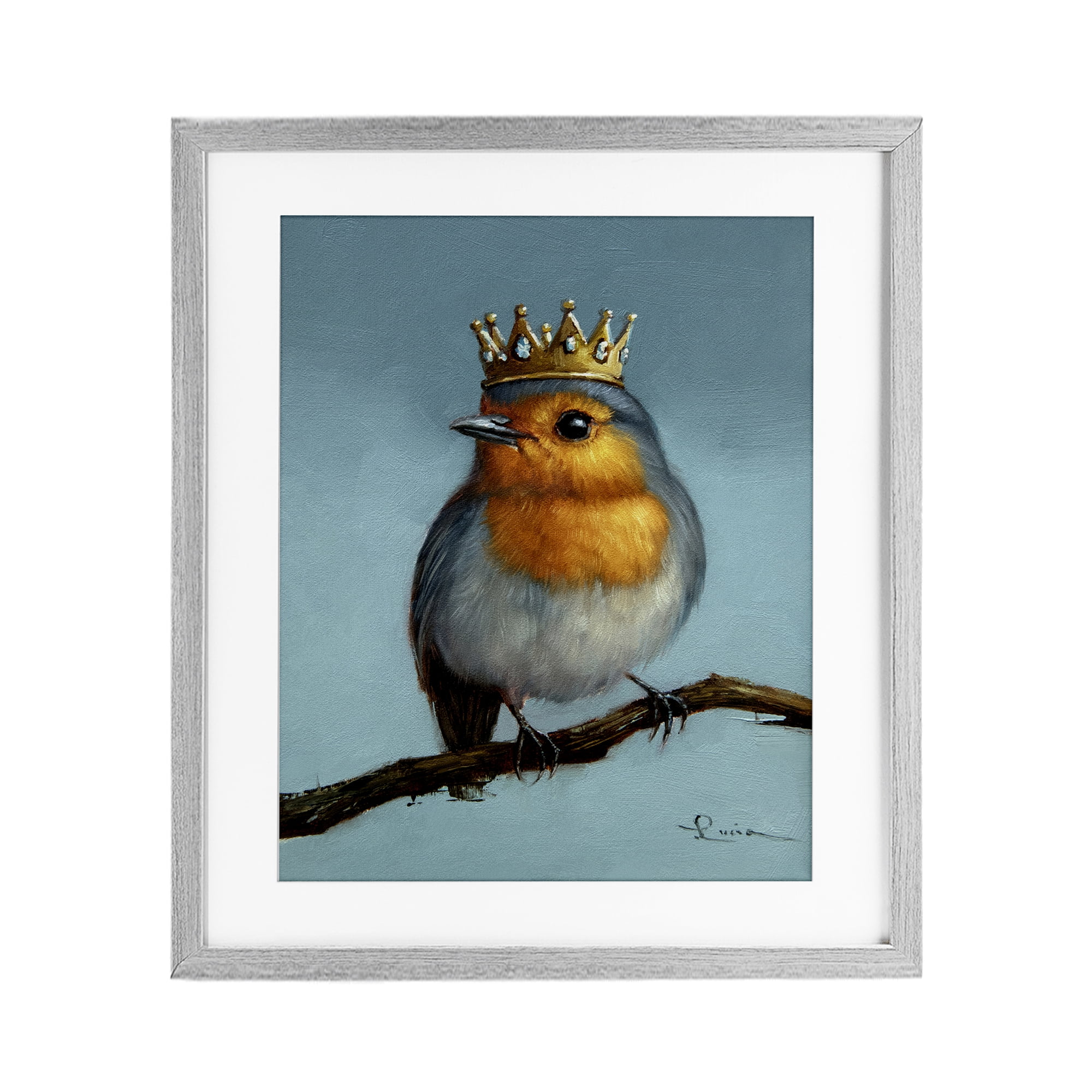 Royal Robin Perched Gray Framed Print Under Glass, design by Lucia Heffernan