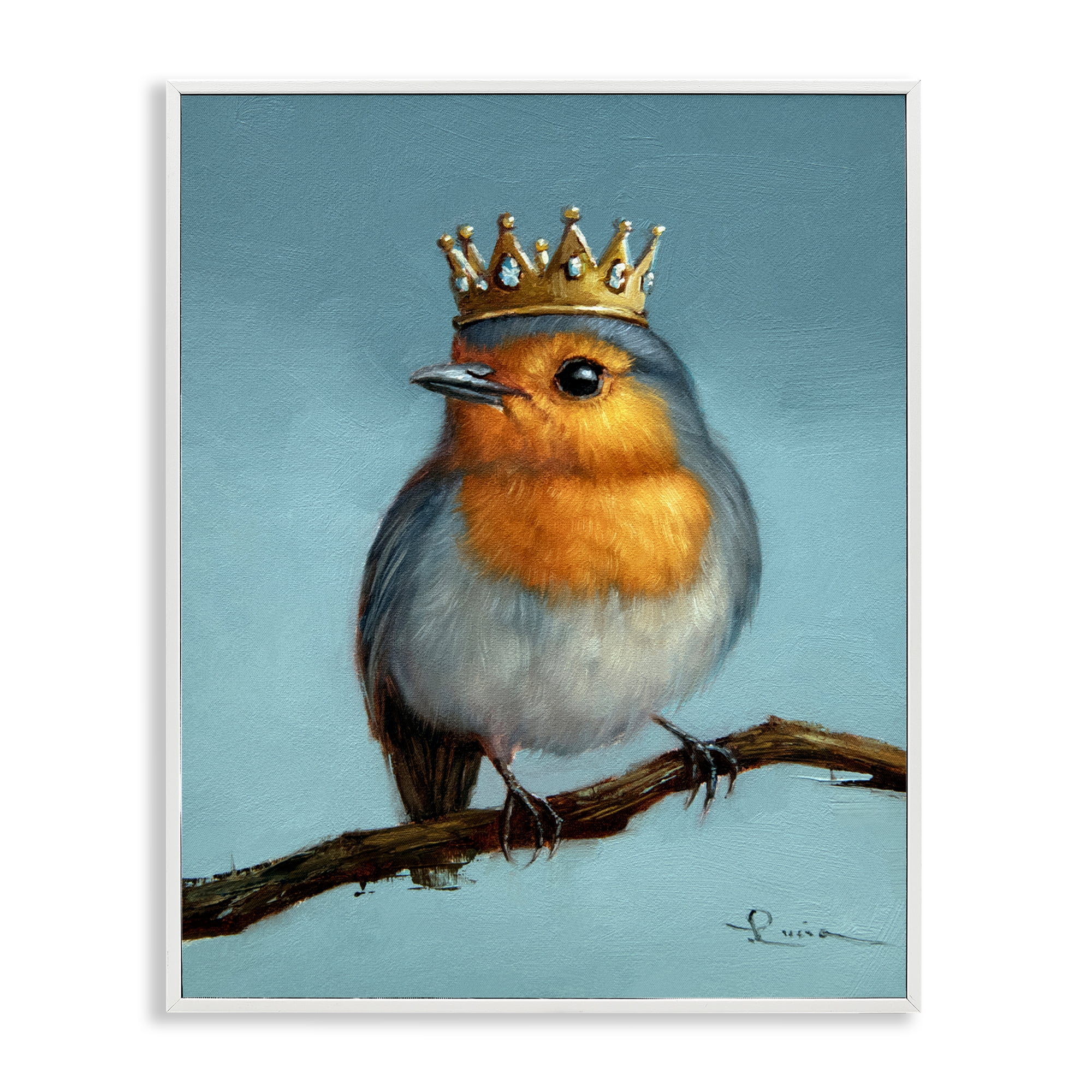 Royal Robin Perched White Framed Giclee Art, design by Lucia Heffernan