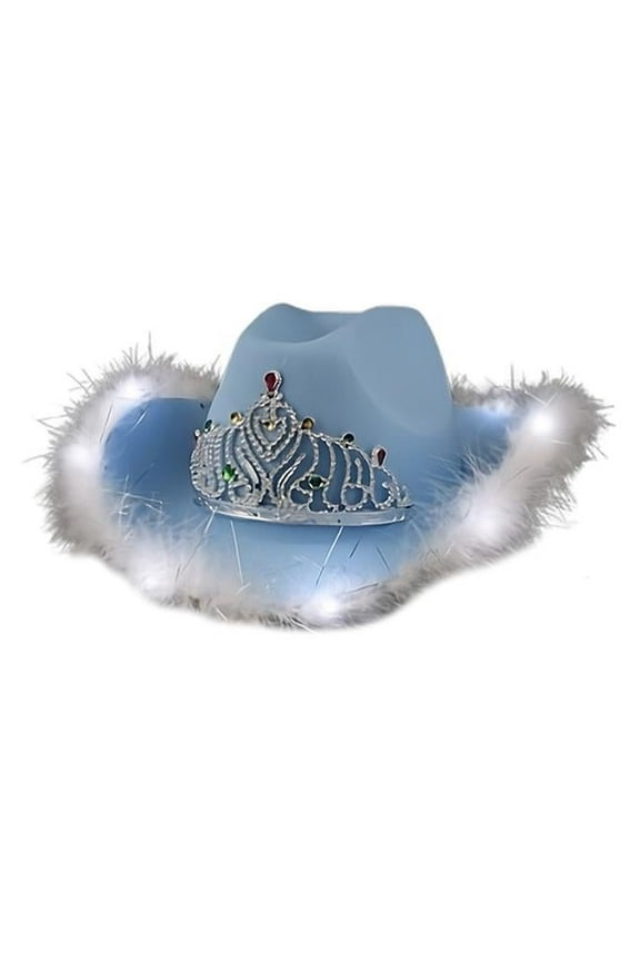 Royal Rodeo LED Velvet Pastel Blue Cowgirl Hat with Feather Brim & Tiara