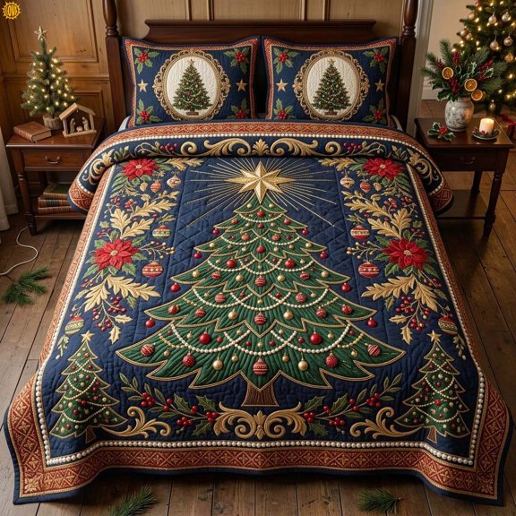 Royal Ruby Christmas Tree 3-Piece Quilted Bedding Set