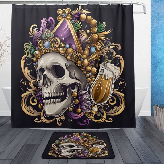 Royal Skull Beer Bathroom Accessory Sets Waterproof Shower Curtain with Absorbent Non-Slip Rug