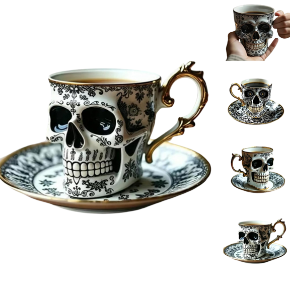 Royal Skull Coffee Mug Gothic Porcelain Tea Cup and Saucer Set, 3D Ornate Gold Trim Skeleton Halloween Mugs, Spooky Goth Decor Black Ceramic Bones Coffee Cups for Festive Holiday Gifts (Style-C)