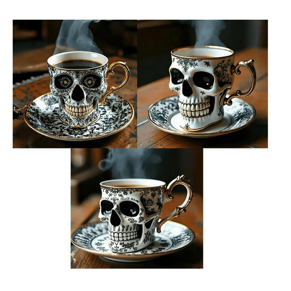 Royal Skull Coffee Mug, Gothic Tea Cup for Tea Parties, Halloween Themed Activities, Skull Coffee Mug Halloween Gifts, Great for Coffee Lovers and Collectors 3Pcs(A,B,C)