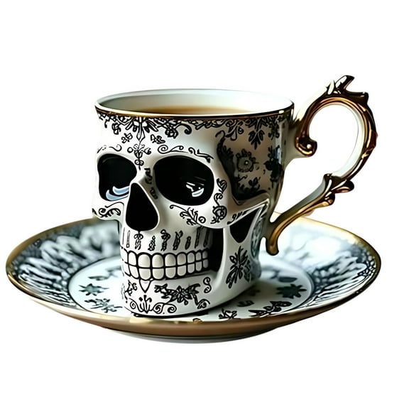 Royal Skull Coffee Mug with Saucer Set, Halloween Mugs, Gothic Tea Cups, Halloween Themed Skeleton Head Funny Ceramic Tea Cup, Novelty Gifts for Men Women