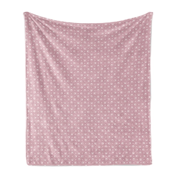 Royal Soft Flannel Fleece Blanket, Simplistic Retro Style Pattern with Princess Crowns and Fleur De Lis Ornate, Cozy Plush for Indoor and Outdoor Use, 60" x 80", Dried Rose and White, by Ambesonne