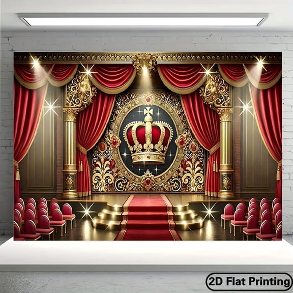 Royal Stage Birthday Backdrop Red Gold Curtain Birthday Background Gold Glitter Crown Birthday Graduation Wedding Party Decorations Banner Supplies Photo Booth Props