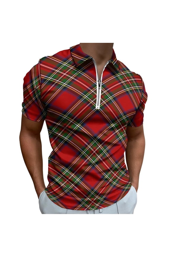 Royal Stewart Tartan Cross Plaid Men Zipper T-shirt Summer Casual Short Sleeve T-shirt Top